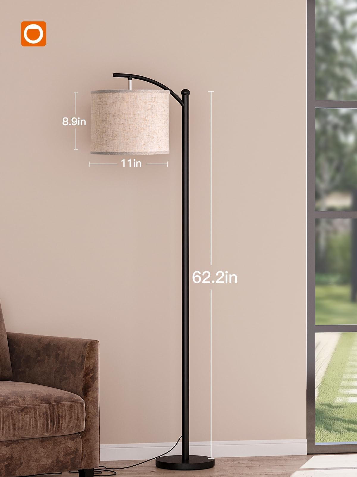 addlon Floor Lamp for Living Room with 3 Color Temperatures, Standing lamp with Linen lampshade for Bedroom, Office, Lamps with 9W LED Bulb Included - Black with Beige Lampshade