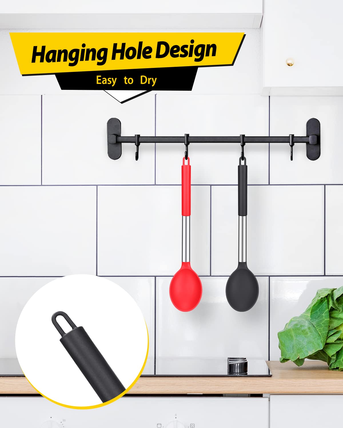 Pack of 2 Large Silicone Cooking Spoon Non Stick Solid Basting Spoons Heat-Resistant Kitchen Utensils for Mixing Serving (Black-Red)