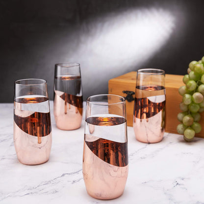 MyGift Modern Champagne Flutes, 11 oz Tilted Design Copper Stemless Champagne Flute Glasses, Set of 4