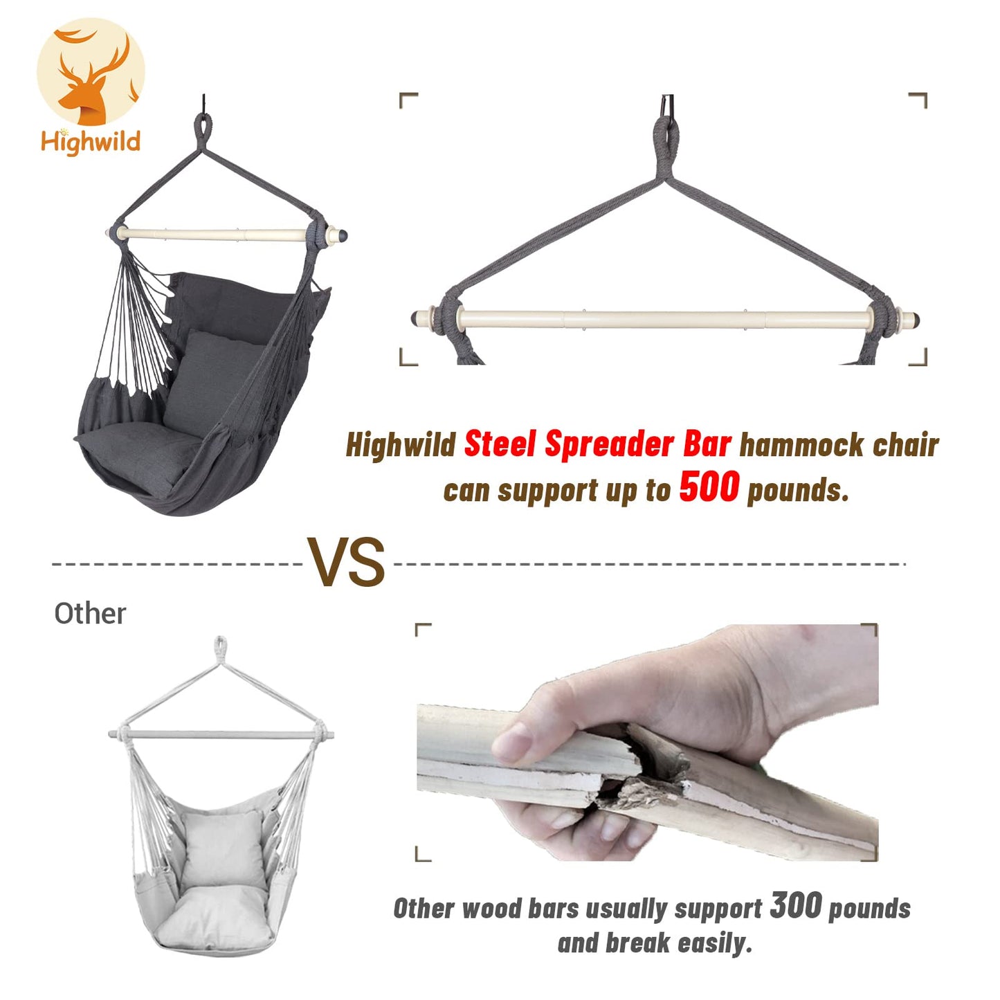 Highwild Hammock Chair Hanging Rope Swing - Max 500 Lbs - 2 Cushions Included - Steel Spreader Bar with Anti-Slip Rings - for Any Indoor or Outdoor Spaces (Grey)