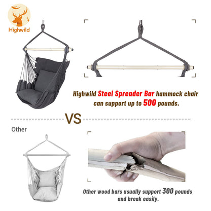 Highwild Hammock Chair Hanging Rope Swing - Max 500 Lbs - 2 Cushions Included - Steel Spreader Bar with Anti-Slip Rings - for Any Indoor or Outdoor Spaces (Grey)