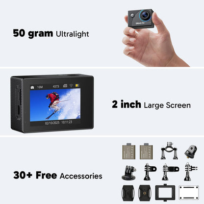 Dragon Touch 4K Action Camera 20MP Vision 3 Underwater Waterproof Camera 170° Wide Angle WiFi Sports Cam with Remote 2 Batteries and Mounting Accessories Kit