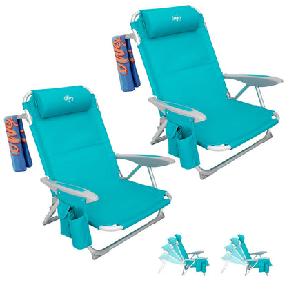 #WEJOY Lightweight Low 2 Pack Beach Chair for Adults, 4-Position Aluminum Folding Camping Chairs with Backpack Strap, Cup Holder and Padded Headrest, Supports 265lbs for Lawn Outdoor Cyan