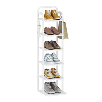 Hzuaneri 6 Tiers Vertical Shoe Rack, Narrow Shoe Tower, Tall Shoes Shelf with 2 Hooks, Adjustable Shelves, Corner Shoes Shelves for Small Spaces, Entryway, Living Room, White SR04213W