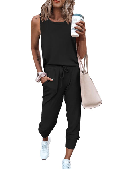 PRETTYGARDEN Women's Two Piece Outfit Sets Casual Summer Sleeveless Crewneck Tops and Sweatpants Active Tracksuit Lounge Wear (Black,Large)