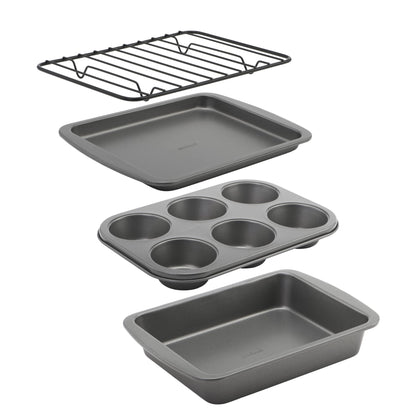 GoodCook 4-Piece Nonstick Steel Toaster Oven Set with Sheet Pan, Rack, Cake Pan, and Muffin Pan, Gray, 4-Piece Set Distributes Heat Evenly, Nonstick Coating, Dishwasher-Safe