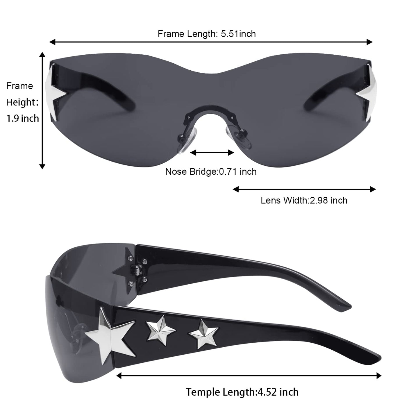 Haqptul Rimless Y2K Sunglasses Star Wrap Around Glasses 2000S Accessories for Women Men Trendy Fashion Cool Shield Shades (Black/White)
