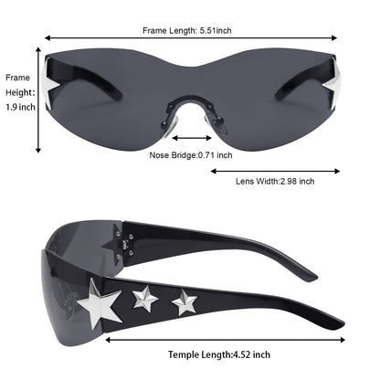 Haqptul Rimless Y2K Sunglasses Star Wrap Around Glasses 2000S Accessories for Women Men Trendy Fashion Cool Shield Shades (Black/White)