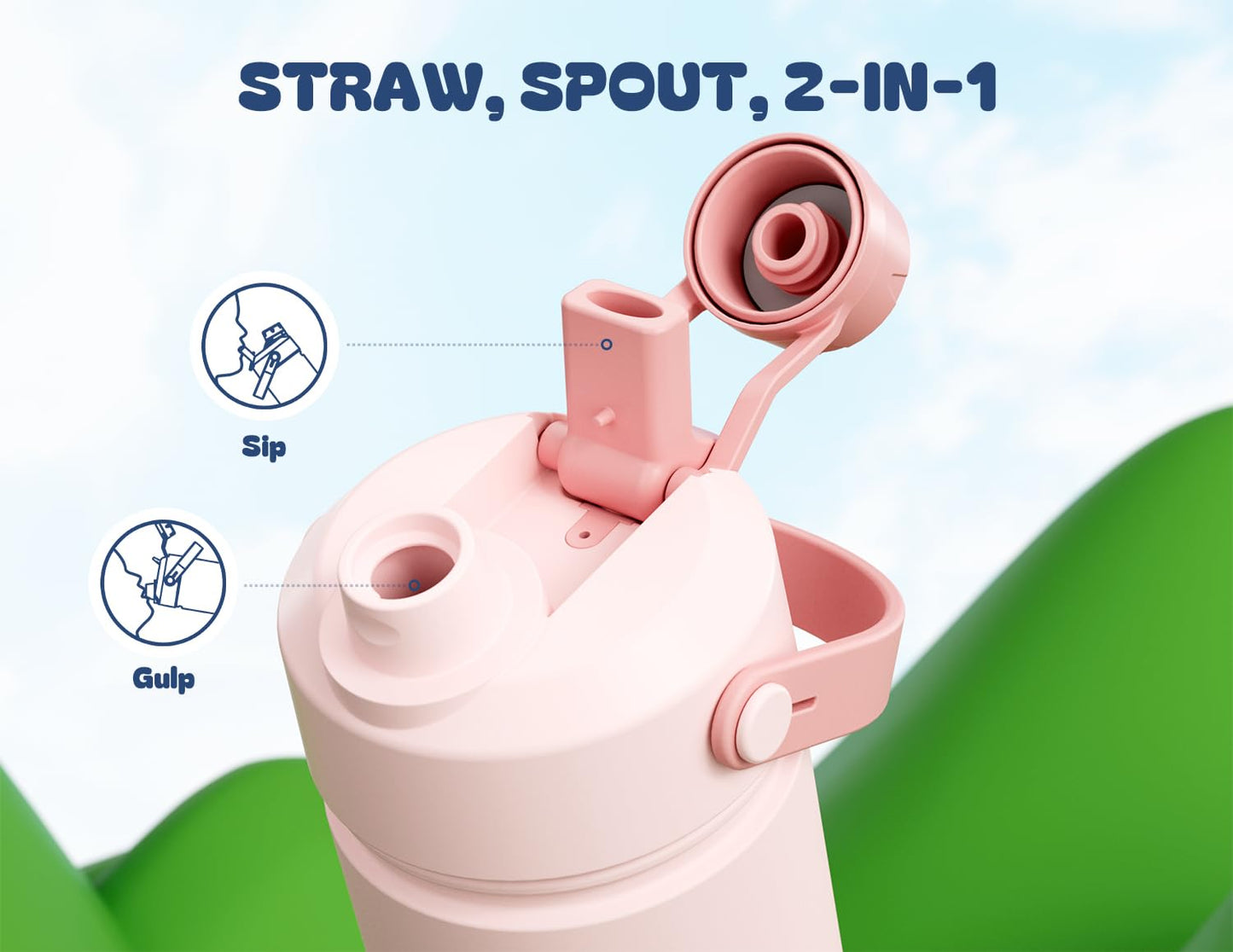 POWCAN 18 oz Insulated Water Bottle with 2-in-1 Straw and Spout Lid, Keep Cold 24H, Leak-Proof, Fits in Car Cup Holder, Stainless Steel Water Bottle for Sports, Travel, and School (Cotton Candy)