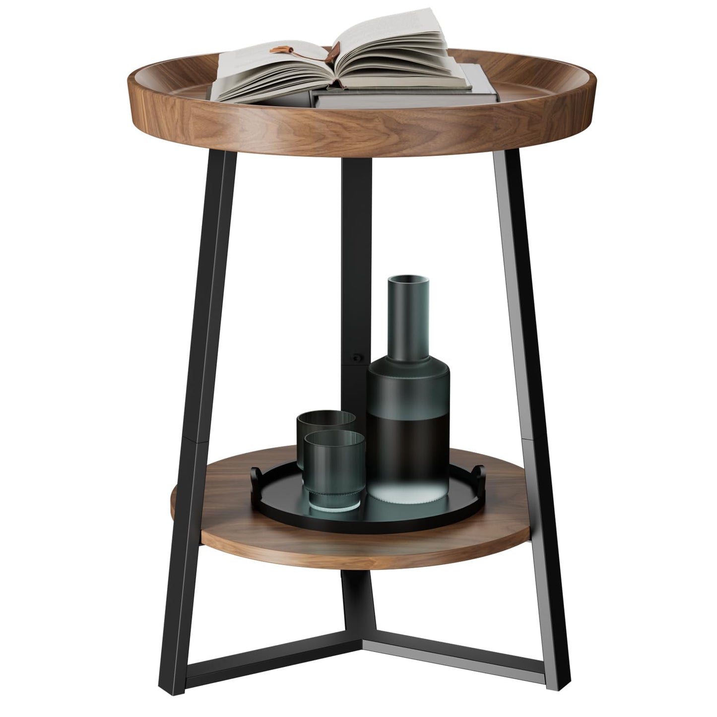 Gadroad Round End Table with Storage Shelf, 2 Tier Farmhouse Side Table Nightstand for Living Room, Bedroom, Wood Tabletop & Black Metal Frame, Brown 15.7 * 15.7 * 23.0inches