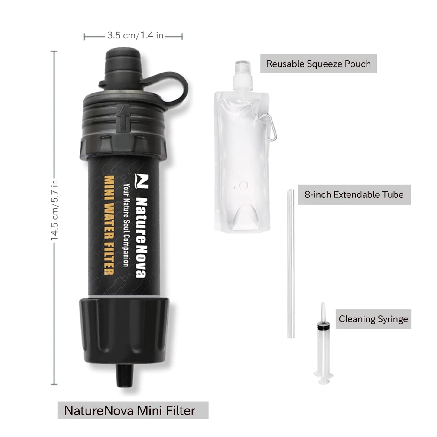 Mini Water Filter NatureNova Portable Emergency Water Filtration System Hiking Camping Straw Survival Gear Emergency Preparedness（Black, 1 Pack