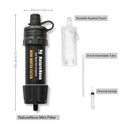 Mini Water Filter NatureNova Portable Emergency Water Filtration System Hiking Camping Straw Survival Gear Emergency Preparedness（Black, 1 Pack