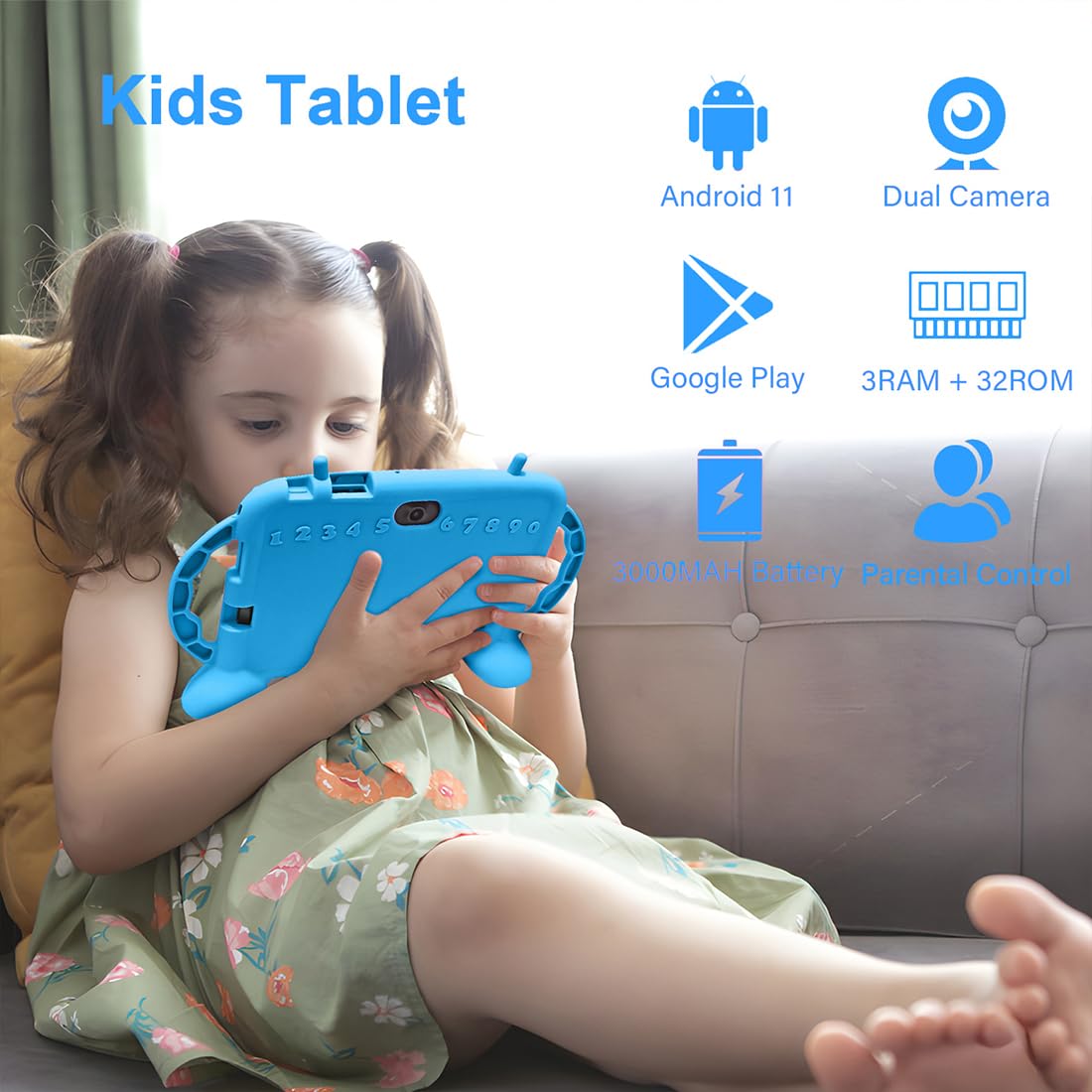 MengDash Kids Tablet, 7 inch Tablet for Kids 3-10, Educational Learning Toddler Tablet Android 11, 3GB RAM+32GB ROM Storage, Google Play YouTube (Blue)