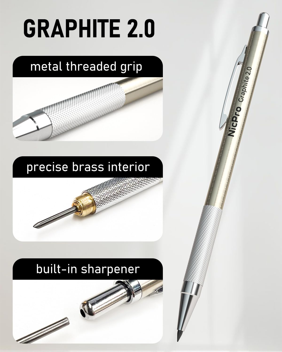 Nicpro 5 PCS Art Mechanical Pencils Set, Metal Drafting Pencil 0.3 & 0.5 & 0.7 & 0.9 & 2mm Graphite Lead Holder(4B 2B HB 2H Colored) for Sketching Drawing With Lead Refills Eraser Case