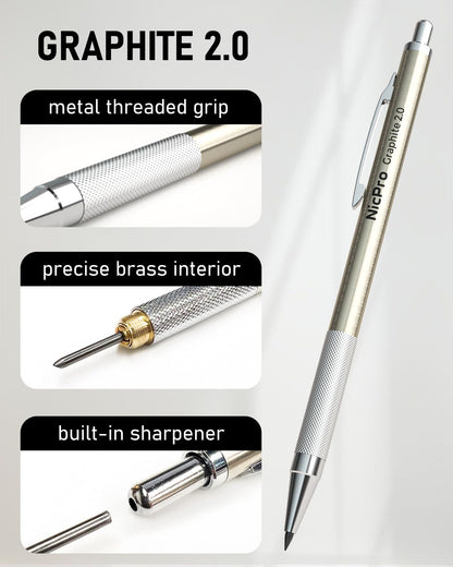 Nicpro 5 PCS Art Mechanical Pencils Set, Metal Drafting Pencil 0.3 & 0.5 & 0.7 & 0.9 & 2mm Graphite Lead Holder(4B 2B HB 2H Colored) for Sketching Drawing With Lead Refills Eraser Case