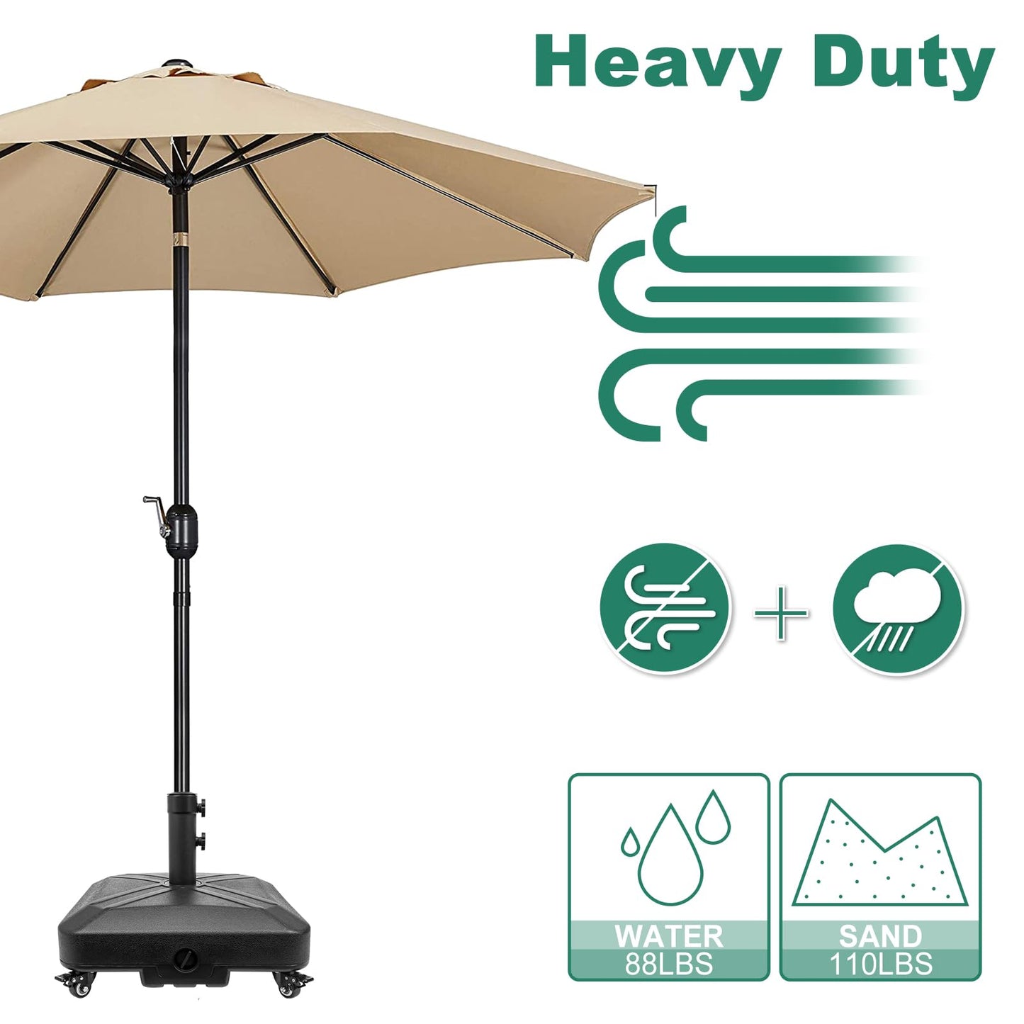RAOKUKH DZ4733 MS Patio Umbrella Base Heavy Duty with Wheels Square Market Stand for Outdoor 4 Locks 1 Knobs 125lb Capacity, Black