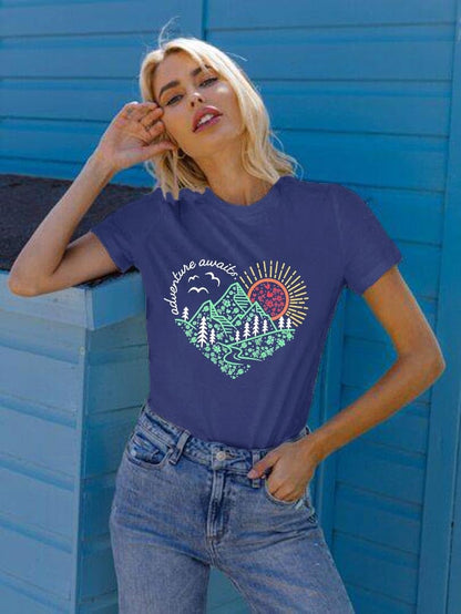 Adventure Awaits Shirt for Women Funny Mountain Road Graphic Kindness Heart Printed Tee Top Hiking Outdoor Workout Tops, Blue M