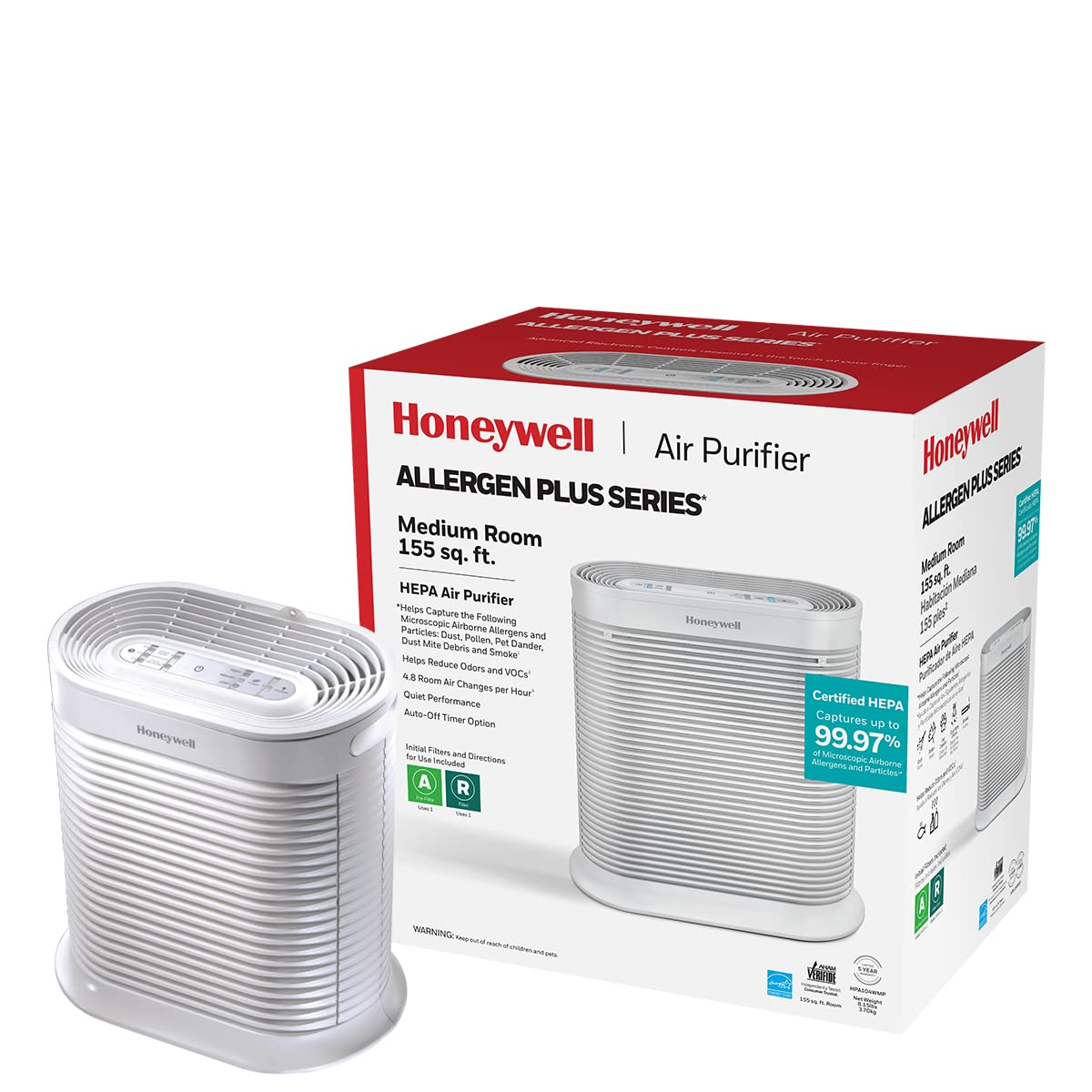 Honeywell AllergenPlus HEPA Air Purifier, Airborne Allergen Reducer for Medium Rooms 750 sqft, Reduces Allergens, Smoke, Wildfire Smoke, Pollen, Pet Dander and More, White, HPA104