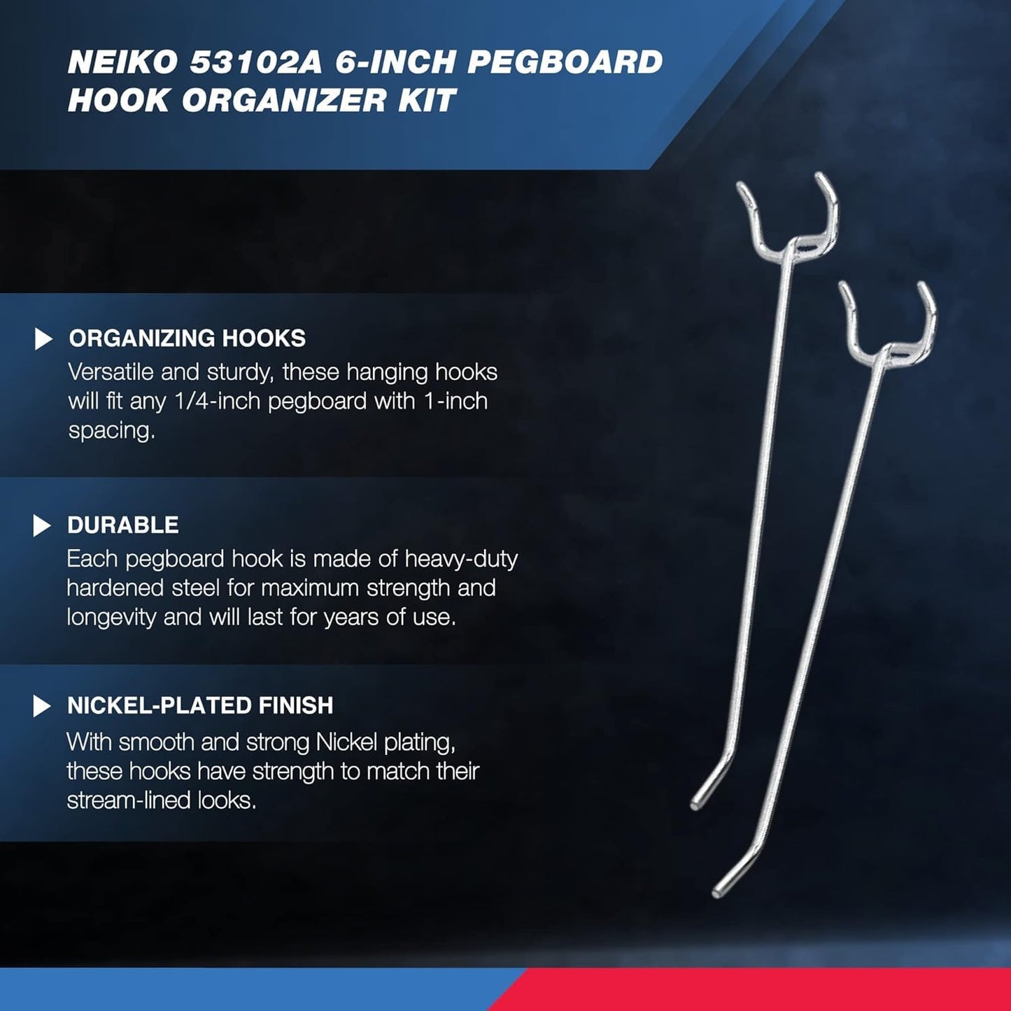 Neiko 53102A 6” Pegboard Hook Organizer Kit, 50 Pack, Hanging Hooks Set for Garage Organization, Great for Wall Hanging and Shelving, Tool Storage, Craft Organizing