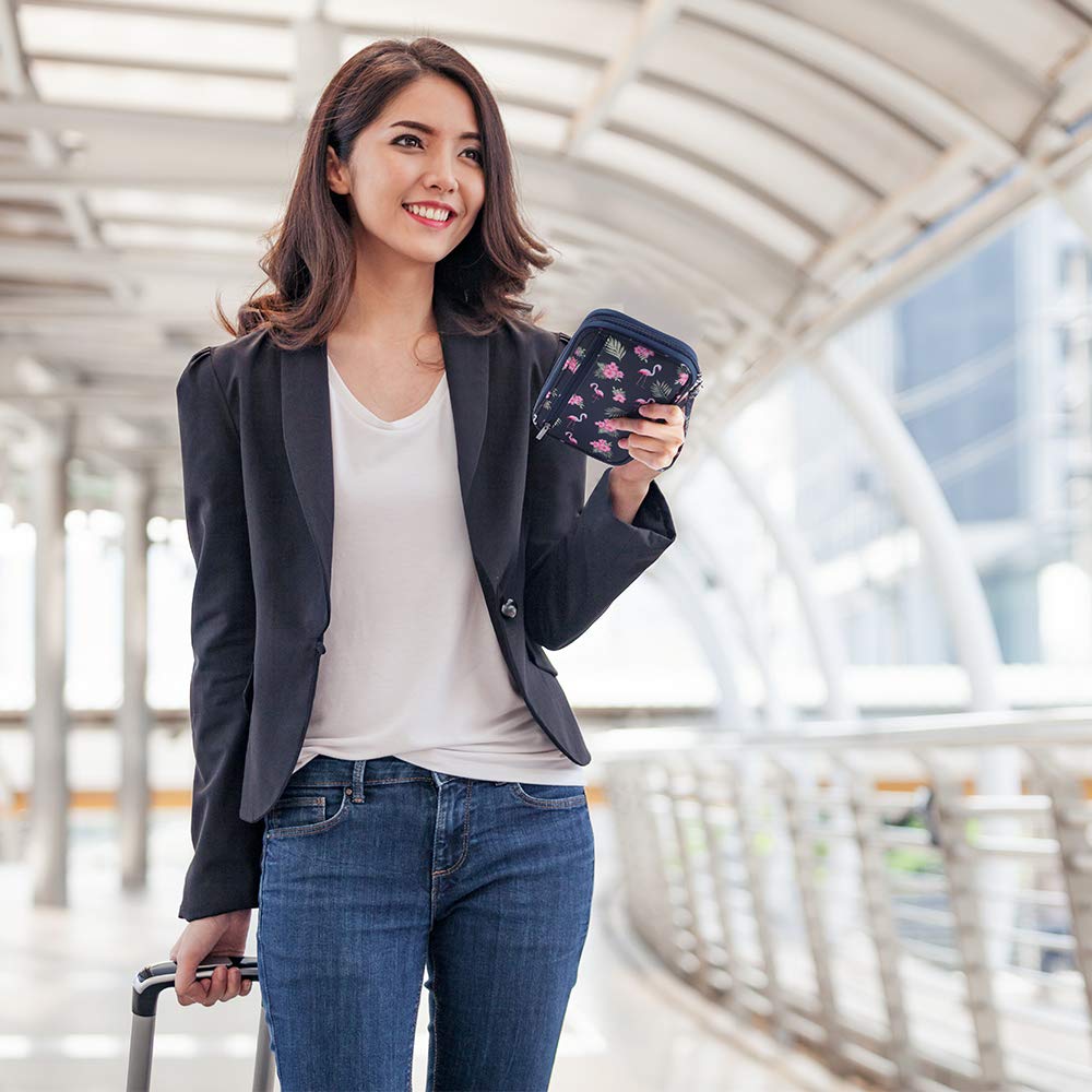 RFID Blocking Passport Wallet with Vaccine Card Slot, Family Travel Passport Holder Document Organizer Bag with Wrist & Neck Double Strap (Large RFID-Flamingo)