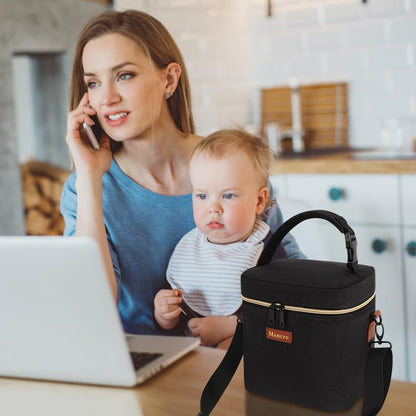 Mancro Breastmilk Cooler Bag with Ice Pack, Fits 6 Baby Bottles Up to 9 Ounce Insulated Baby Bottle Bag, Breast Milk Cooler on The go with Strap, Bottle Storage Bag for Nursing Mom Daycare, Black