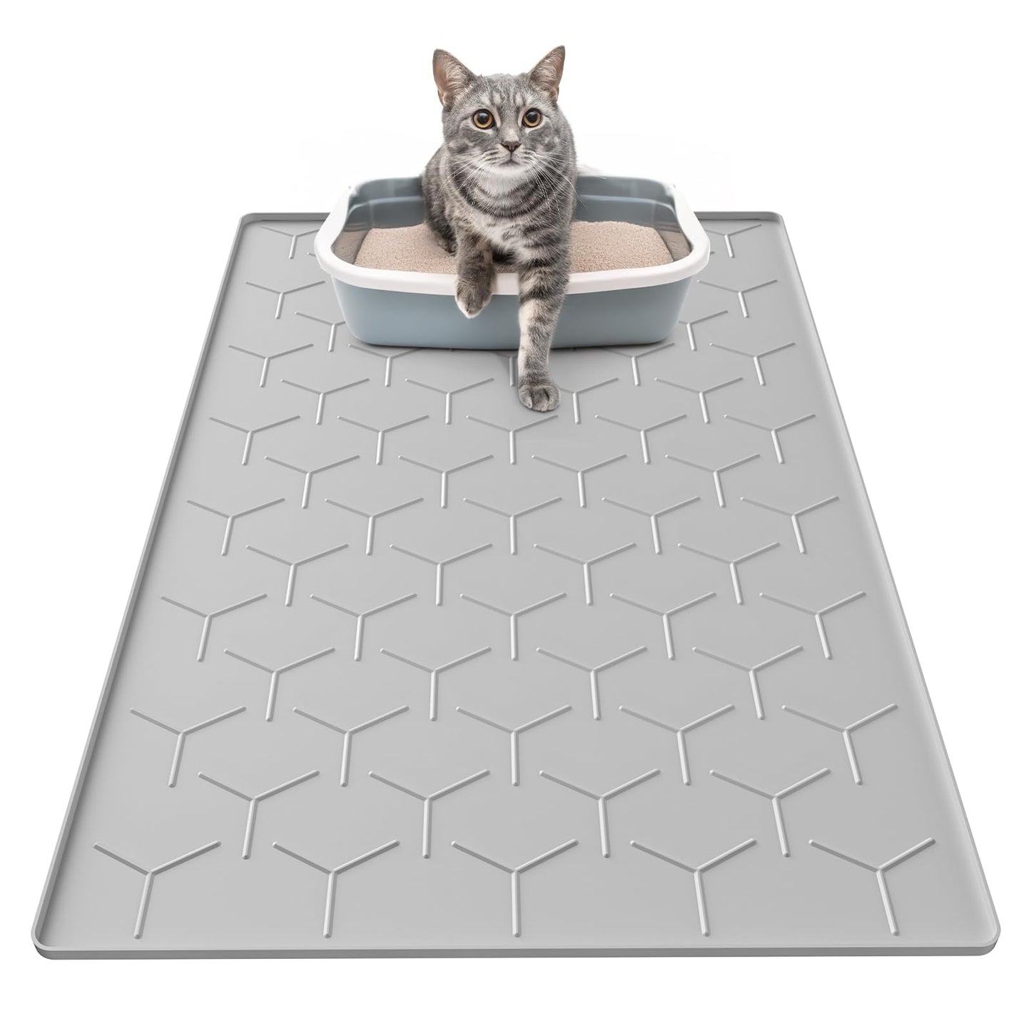 Garoopion Cat Mat for Litter Box, Large 34" X 22" Cat Litter Mat, Waterproof Silicone Pad for Floor, Gray