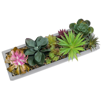 MyGift 15 Inch Mixed Color Assorted Artificial Succulent Plant Arrangement in Modern Gray Clay Planter Tray