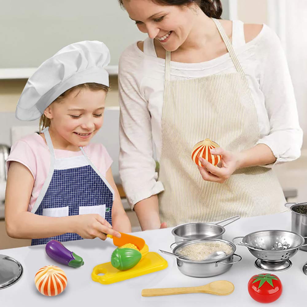 KODATEK Play Kitchen Accessories, Kids Kitchen Pretend Play Toys, Kitchen Set with Stainless Steel Cooking Utensils Cookware Pots and Pans Set Healthy Vegetables, Knife, Apron, Little Chef Boys Girls