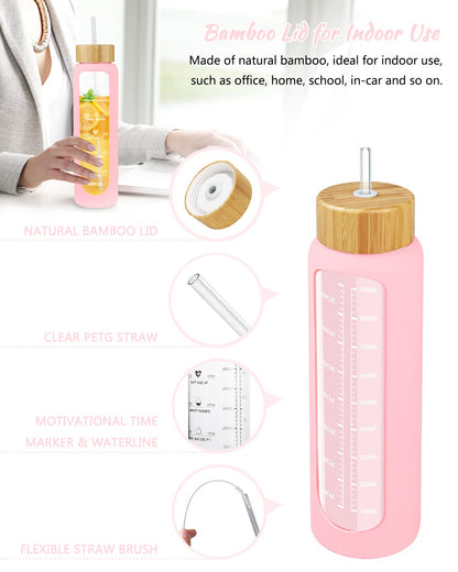 Nefeeko 32 oz Glass Water Bottles with Straw, Motivational Time Marker, 1 Liter BPA FREE Leakproof Reusable Bottle with Silicone Sleeve, Bamboo & Spout Lid