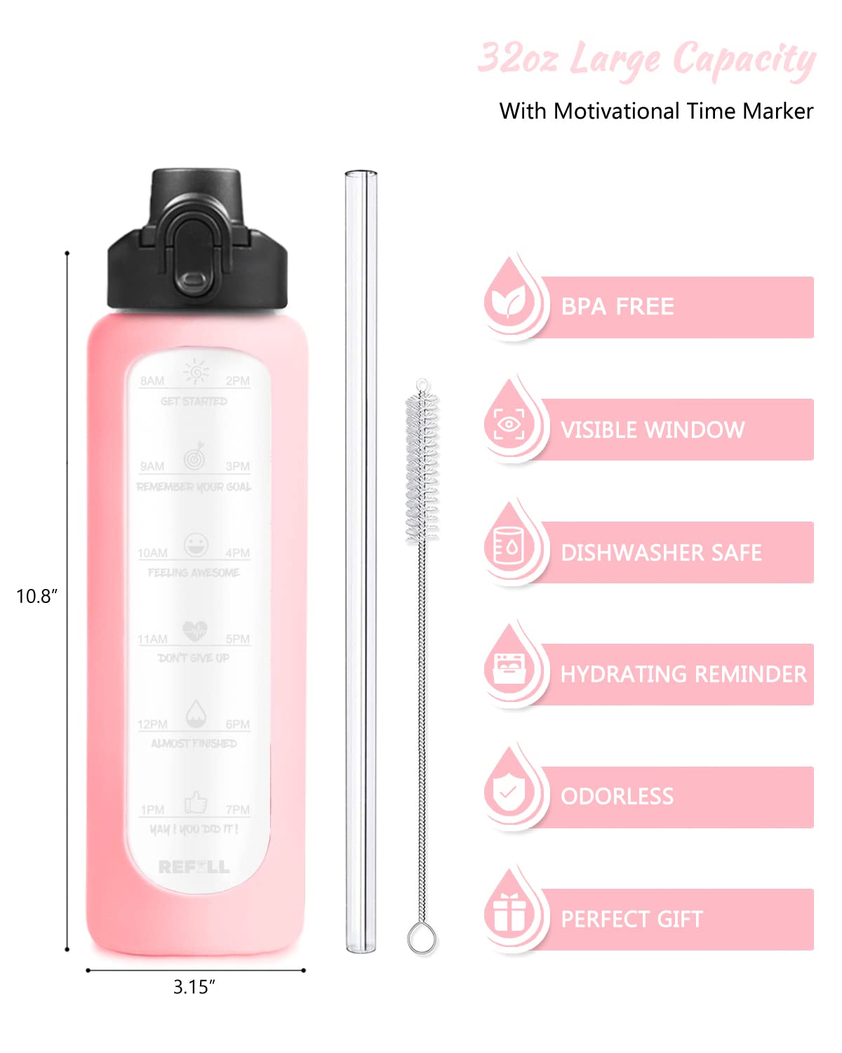 Nefeeko 32 oz Glass Water Bottles with Straw, Motivational Glass Water Bottle with Time Marker, 1 Liter BPA FREE Leakproof Reusable Glass Water Bottle with Silicone Sleeve, Bamboo Lid, Spout Lid