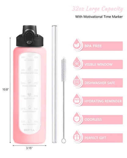 Nefeeko 32 oz Glass Water Bottles with Straw, Motivational Glass Water Bottle with Time Marker, 1 Liter BPA FREE Leakproof Reusable Glass Water Bottle with Silicone Sleeve, Bamboo Lid, Spout Lid