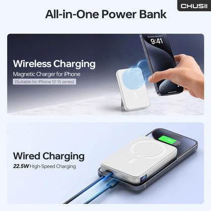 for Magsafe Portable Charger, 12000mAh Wireless Magnetic Power Bank with Stand and PD 20W USB C Fast Charging, for Magsafe Battery Pack Compatible with iPhone 16/15/14/13/12 Pro/Pro Max Series, Snow