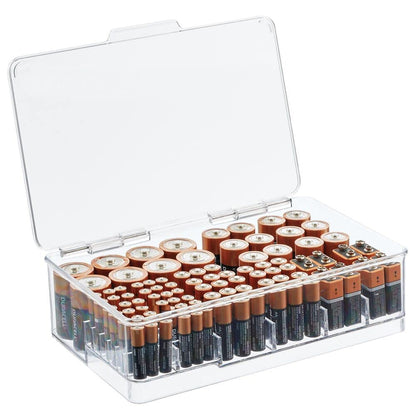 mDesign Plastic Large Stackable Divided Battery Storage Organizer Box with Hinged Lid for AA, AAA, C, D, 9 Volt Sizes, Great Storage for Kitchens, Home Offices, and Utility Rooms - Clear