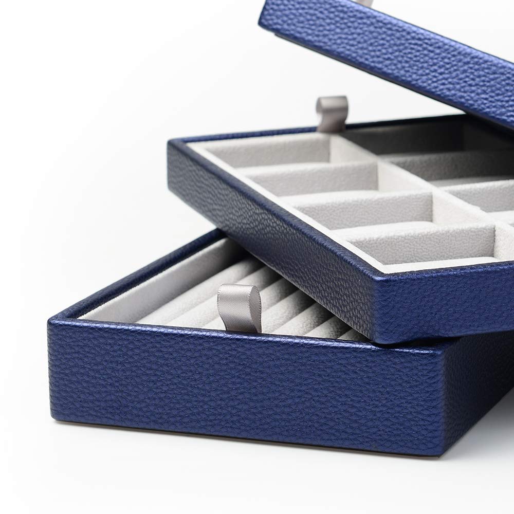 Oirlv Blue Leather Jewelry Box Handmade Travel Jewelry Organizer Storage Case Holder For Girl Lady Earring,Ring,Necklace,Pendant,Watch,Bracelet.(3 layers)