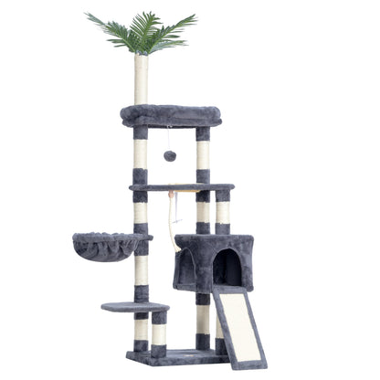 Heybly Cat Tree,Cat Tower for Indoor Cats, 65.4 inches Cat Condo with Perches, Basket, Feeding Bowl Station, Multi-Level Plush Furniture with Scratching Posts, Smoky Gray HCT015G