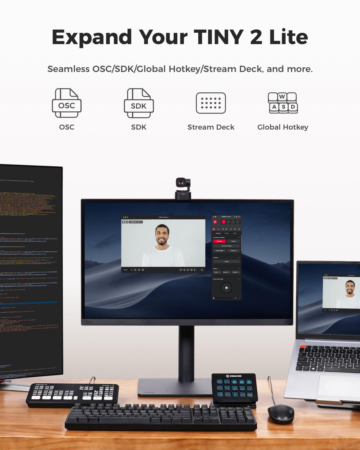 OBSBOT Tiny 2 Lite 4K Webcam for PC, AI Tracking PTZ Streaming Camera with 1/2" Sensor, Gesture Control, 60 FPS, HDR, Microphones, Web Camera for Desktop Computer, Laptop, Meeting, Video Calls, etc.