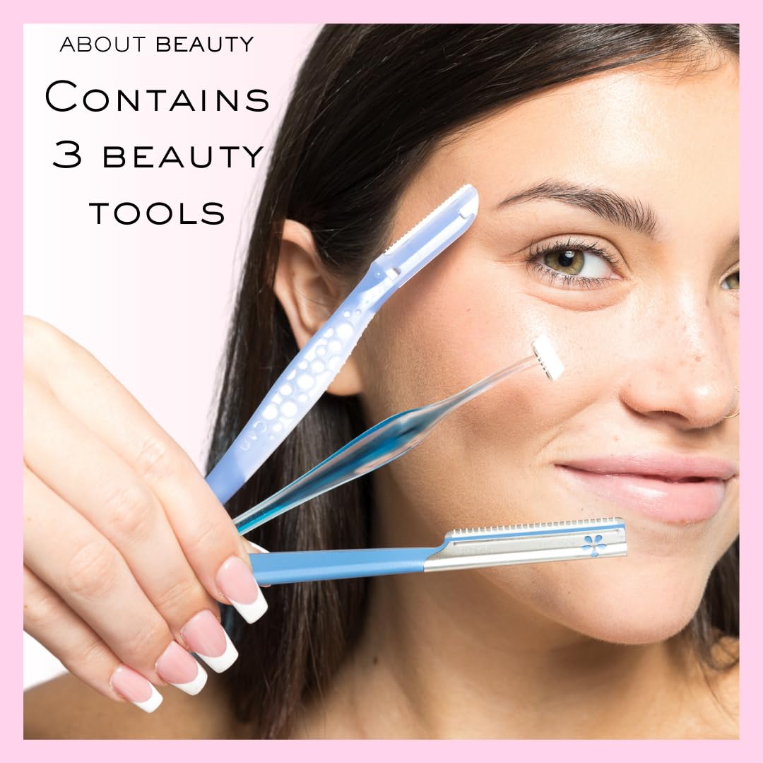 About Face Ultimate Complete Facial Perfecting Kit - 3 Beauty Groomers for Hair Removal, Ideal for Shaving, Exfoliating, Dermaplaning and Brow Shaping, Japanese Steel Gently Removes Facial Hair