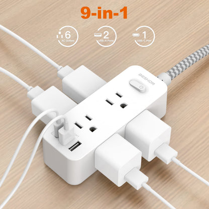 Power Strip Surge Protector, BESHON 5Ft Extension Cord, 6 Outlets with 3 USB Ports(1 USB C Outlet), 3-Side Outlet Extender, Wall Mount, Compact for Travel, Home, School, College Dorm Room and Office