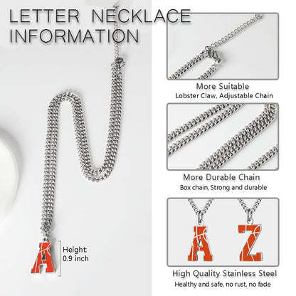 AIAINAGI Basketball Initial A-Z Letter Necklace for Men Basketball Charm Pendant Stainless Steel Silver Chain 22 inch Personalized Basketball Gift for Men(J)