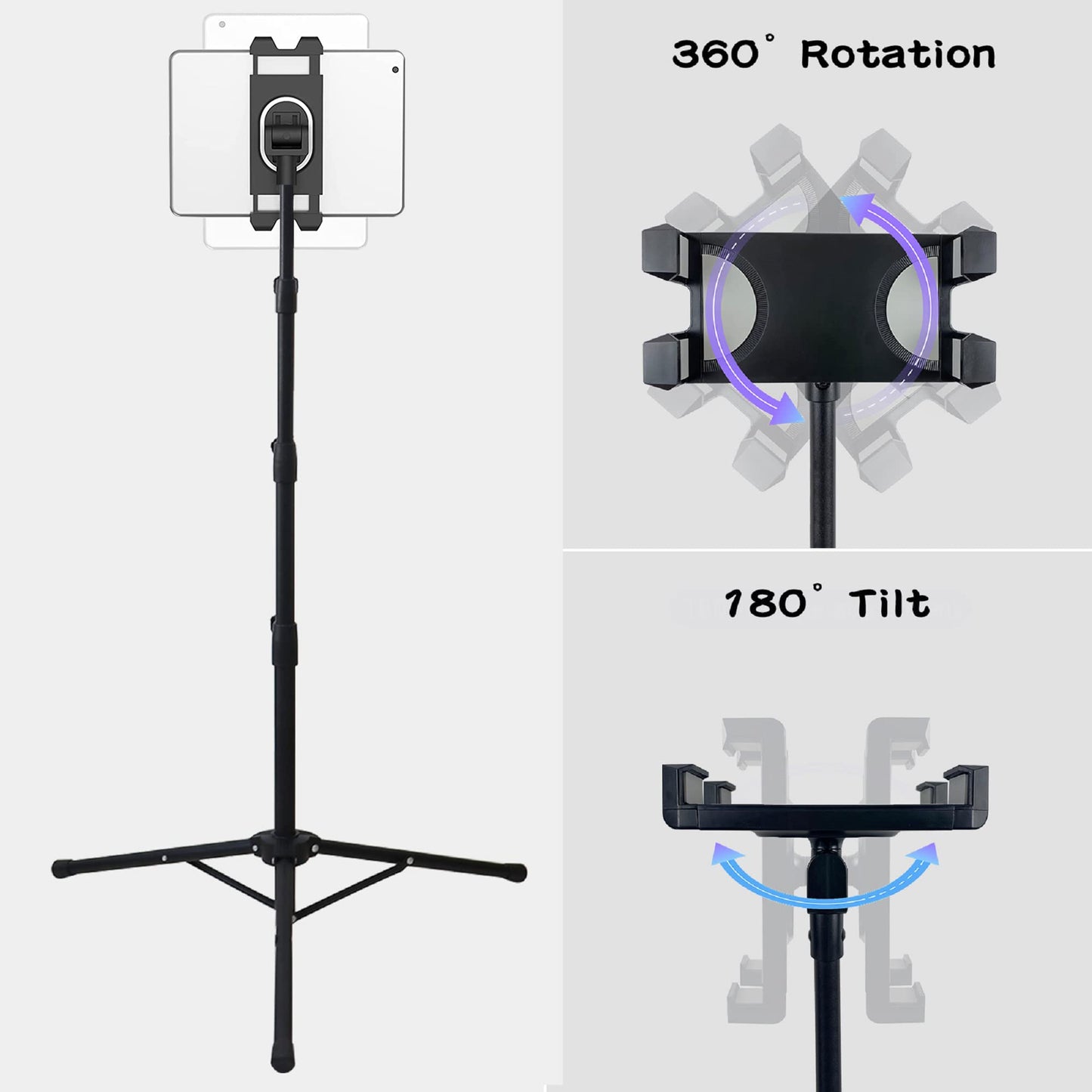 Raking Tablet Floor Stand, Height Adjustable Cellphone Floor Stand with 360°Rotating Tripod Mount, Compatible with iPhone iPad Mini/Air/Pro and All 5.5-12.9 Inch Devices
