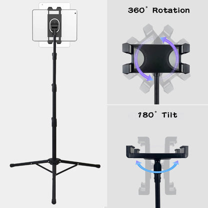 Raking Tablet Floor Stand, Height Adjustable Cellphone Floor Stand with 360°Rotating Tripod Mount, Compatible with iPhone iPad Mini/Air/Pro and All 5.5-12.9 Inch Devices