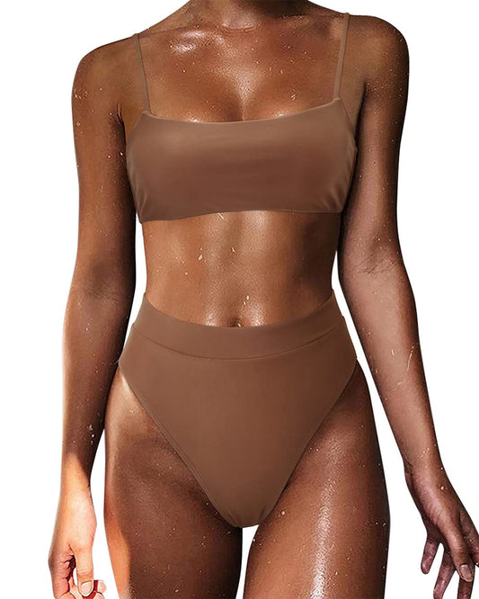 MOSHENGQI Women High Waisted High Cut Bikini Push Up Bandeau Swimsuits (M, Brown)