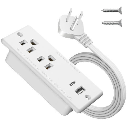 Recessed Power Strip USB C 20W,Flat Plug Ultra Thin Extension Cord,Furniture Desktop Charging Station for Side Table,End Table,Flush-Mount Desk Outlet Power Grommet,10ft Cord (White)