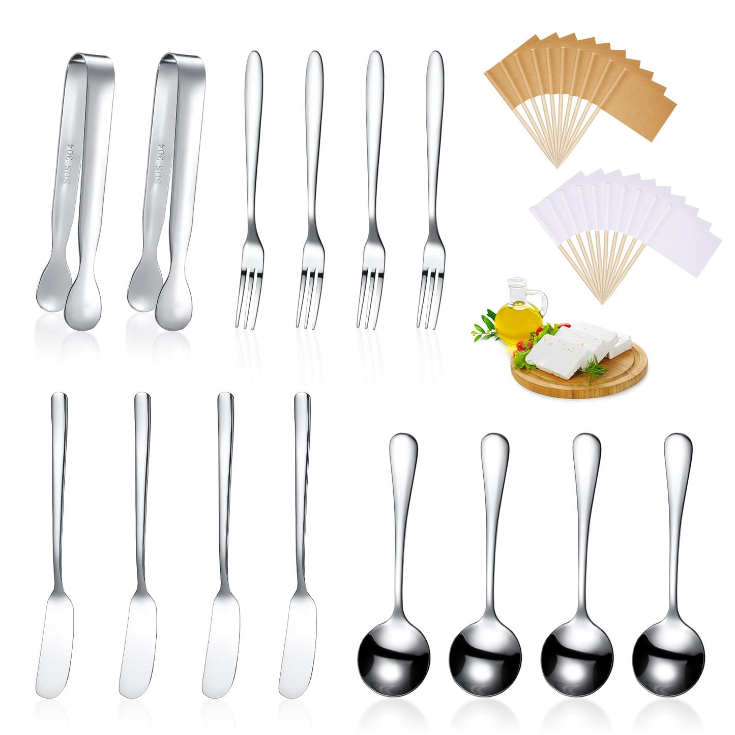 Patelai Cheese Butter Spreader Knives Set Charcuterie Accessories Stainless Steel Spreader Knives Charcuterie Boards Utensils Mini Serving Tongs Spoons and Forks for Appetizers Pastry(Silver)