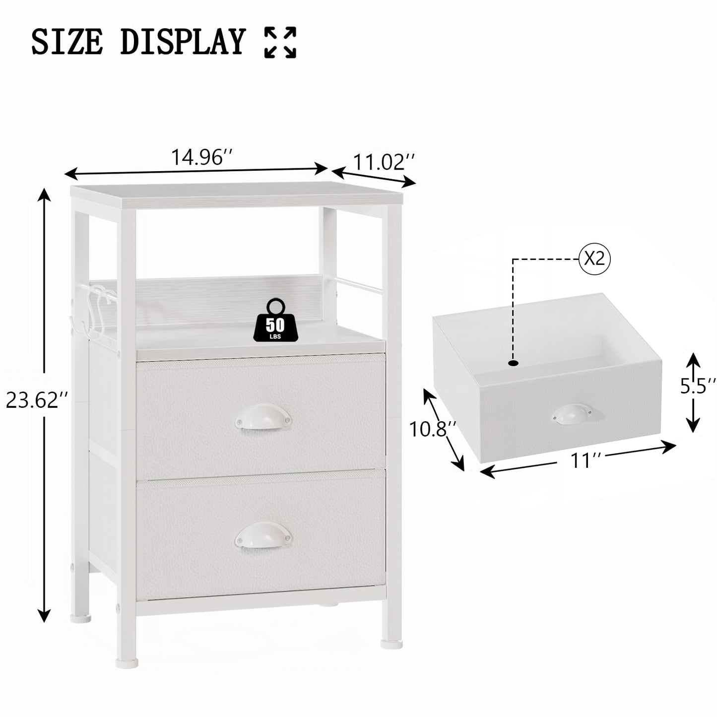 Furologee Nightstands Set of 2, End Table with 2 Fabric Drawers, Night Stand with 2 Hooks, Open Wood Shelf Bedside Table for Bedroom/Living Room/White