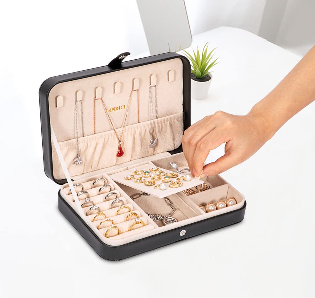 LANDICI Small Jewelry Box for Women Girls, PU Leather Travel Jewelry Case, Portable Jewelry Organizer Storage Holder Display for Ring Earrings Necklace Bracelet Bangle Men Kids Gift, Black