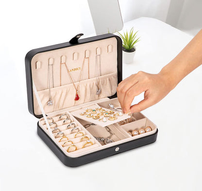 LANDICI Small Jewelry Box for Women Girls, PU Leather Travel Jewelry Case, Portable Jewelry Organizer Storage Holder Display for Ring Earrings Necklace Bracelet Bangle Men Kids Gift, Black