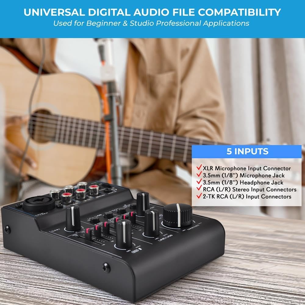 Pyle 3-Channel Bluetooth Audio Mixer - DJ Sound Controller w/ USB Soundcard for PC Recording - XLR - 3.5mm Mic Jack - 18V Phantom Power - RCA I/O - LED Indicators - Beginner & Studio Use - PAD30MXUBT