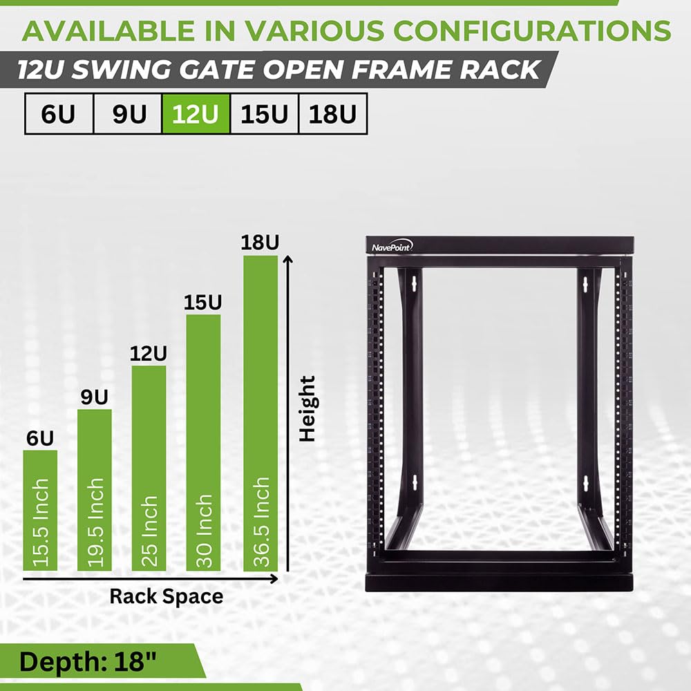 NavePoint 12U Open Frame Server Rack for 19" IT Network Equipment & A/V Devices, Free Standing or Wall Mount Rack with 180 Degrees Gate Swing, Black