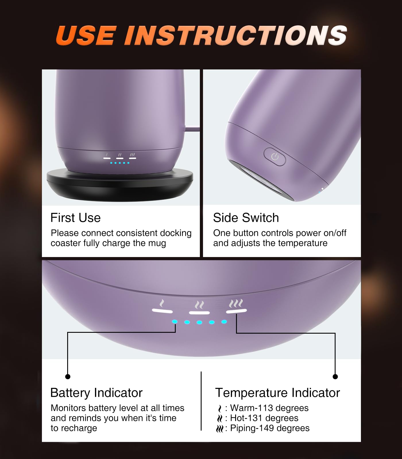 Kepwam Self Heating Coffee Mug T2, 16oz Smart Heated Coffee Mug, 150 Min Battery Life - Hot up to 149℉ Temperature Control Coffee Mug Warmer, Gifts for Dad Mom (No APP)